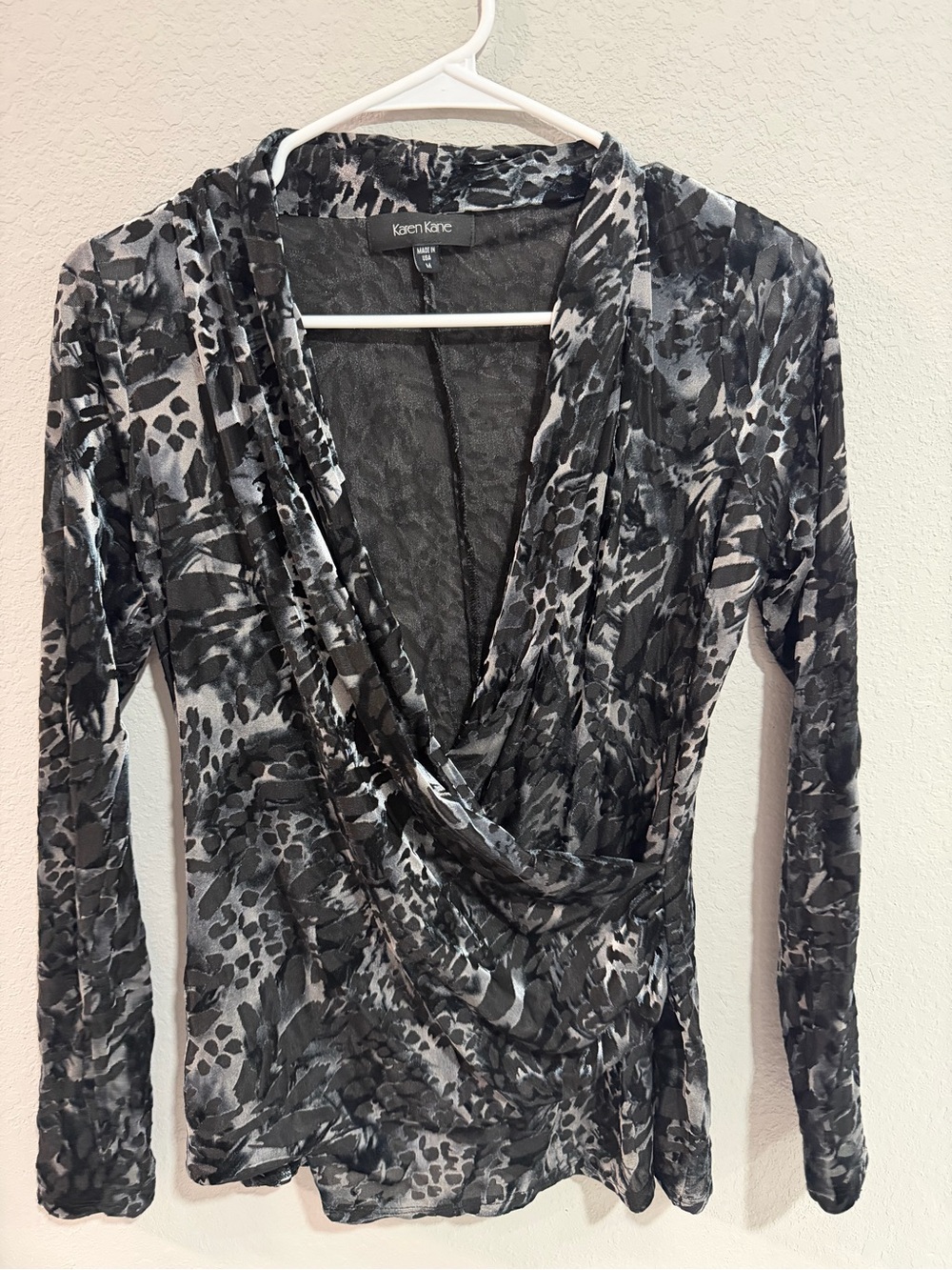 Karen Kane Black and Gray Draped Faux-Wrap Long Sleeve Dress